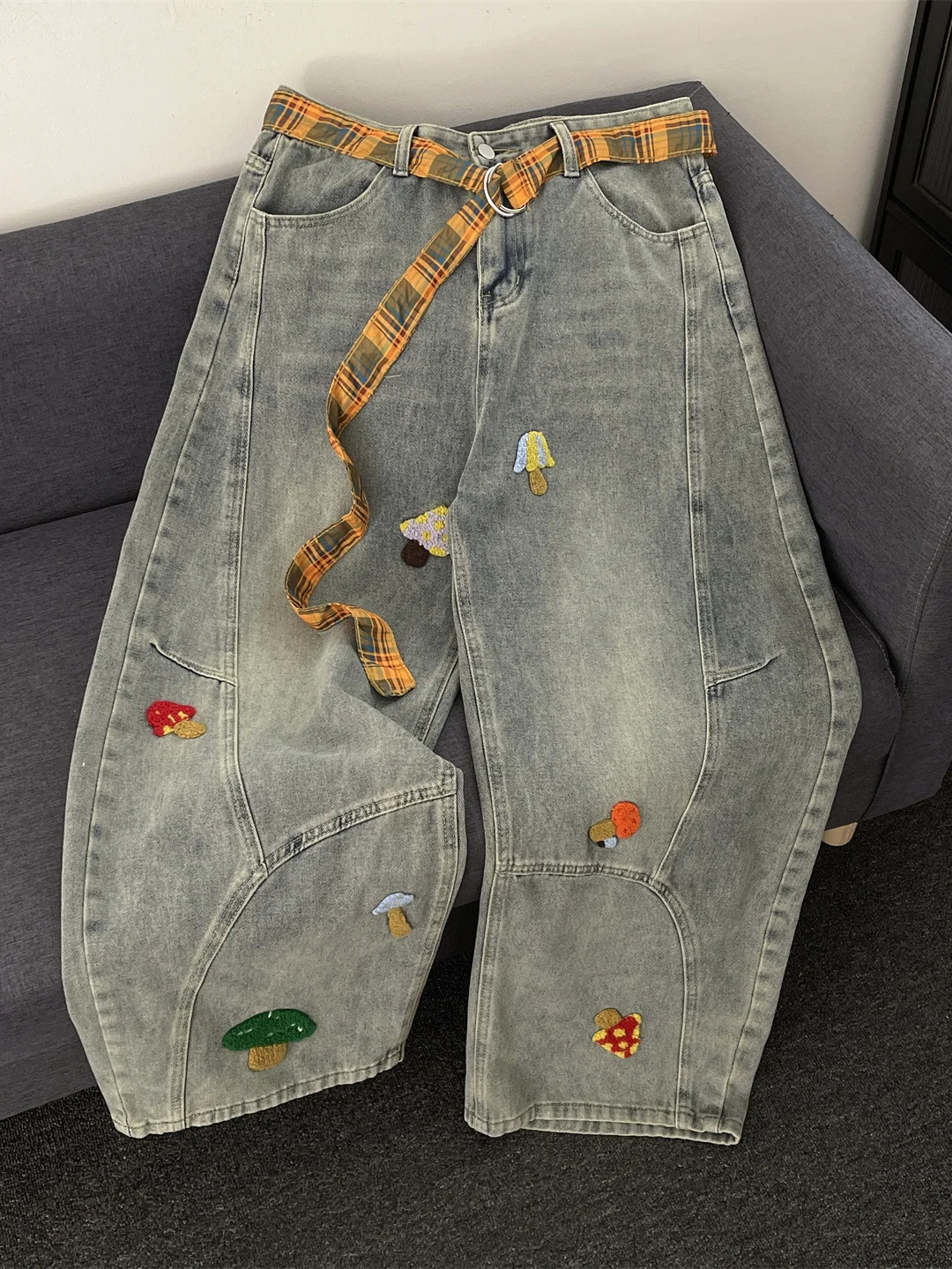 

Towel Embroidery Wide Leg Jeans Straight Cut Spring Autumn Design American Sle Trendy Brand Deconstructed Loose Leg Pants