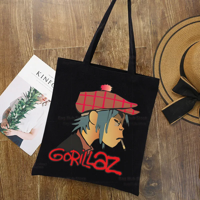 Gorillaz-Bolsa de compras grande para mulheres, bolsas de pano preto, bolsas de ombro Eco, música moderna, bolsa de compras