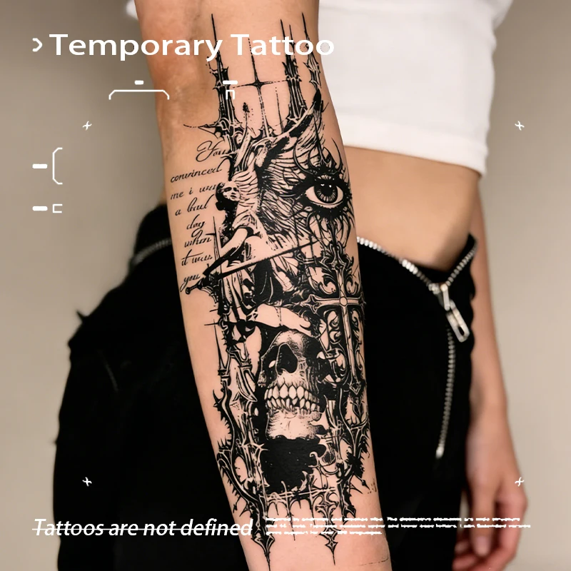 Kräutersaft Semi-Permanent Temporäres Tattoo Wasserfest Langanhaltend Dunkler Totenkopf Krieger Fake Tattoos Aufkleber für Arm und Bein