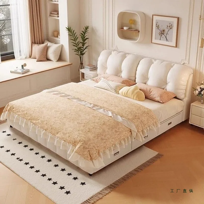 Modern minimalist soft bag storage leather French high-end bed, master bedroom double bed multi-function bed