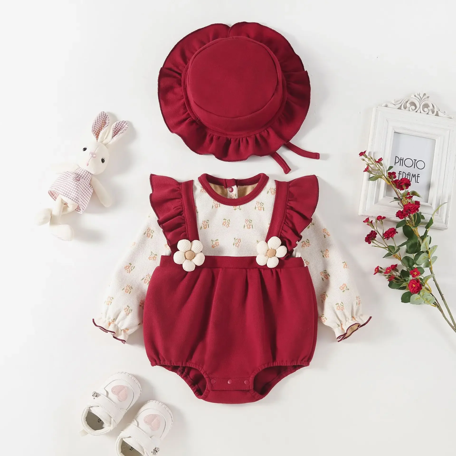 Red autumn and winter baby jumpsuit baby's birthday clothes full moon and one year old triangle jumpsuit crawling clothes