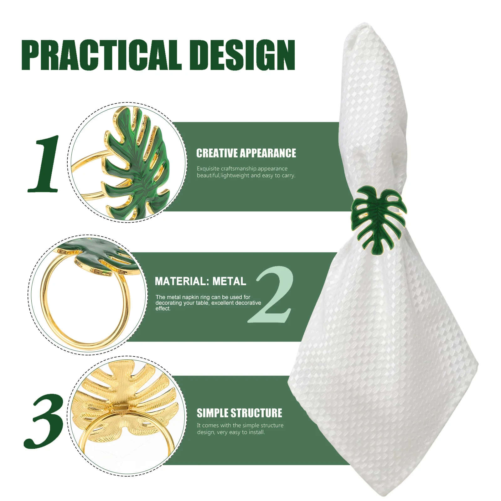 

4pcs Green Turtle Leaf Napkin Rings Realistic Metal Foliage Buckle Table Decoration Banquet Party Wedding Dinner Napkins