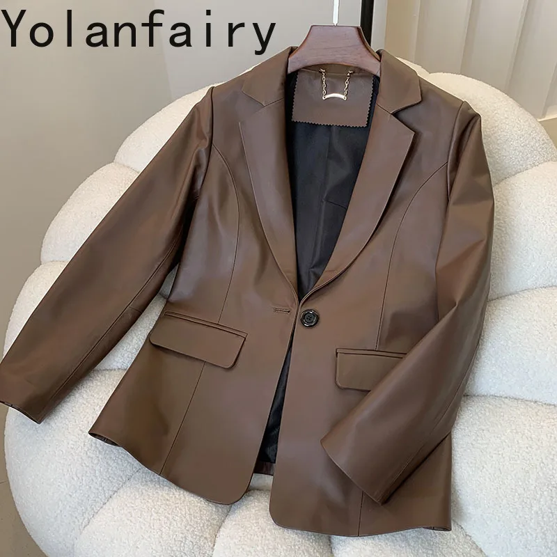 Chaqueta de cuero auténtico para mujer, abrigo elegante de piel de oveja auténtica, un botón, ajustado, cuello de traje, abrigos versátiles, 2024