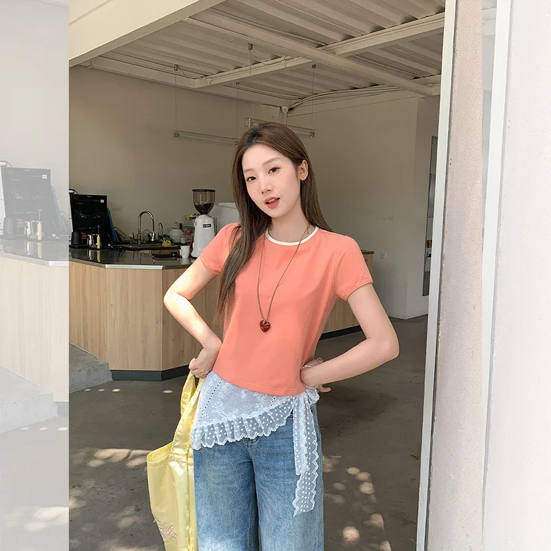 Korean Style New Pure Desire Dirty Orange Off-Shoulder Short Sleeve T-Shirt for Women Summer Simple Unique Exquisite Slim Fit