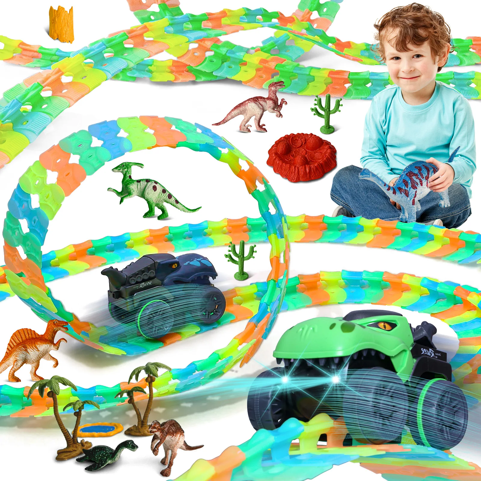 178PCS ฉากไดโนเสาร์ Luminous Track Car