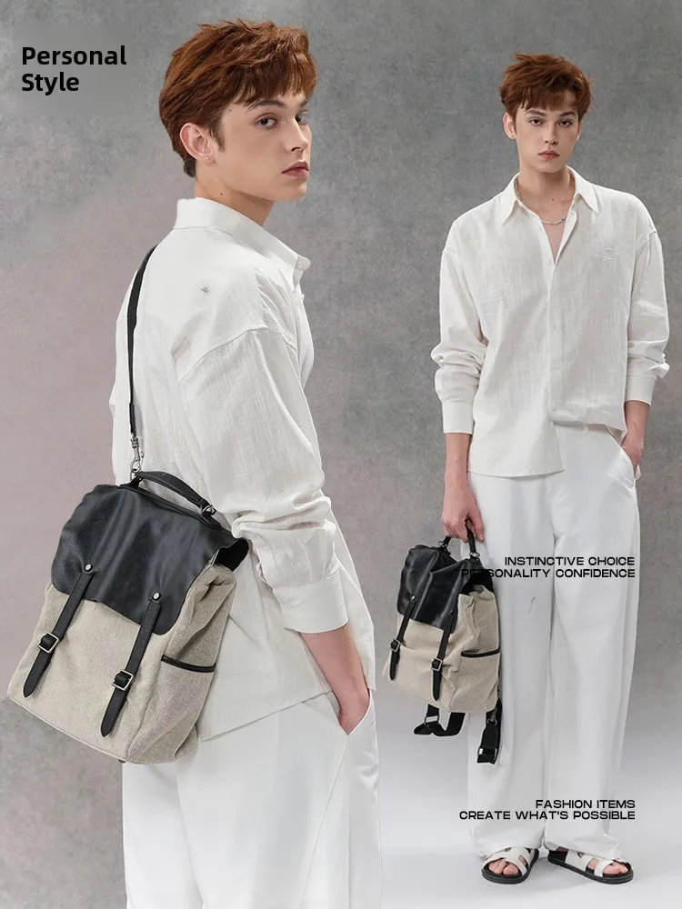 Free Roaming Canvas Leather Backpack Large Capacity Computer Bag Travel Bag Casual Style Vertical Square Shape Pure Color