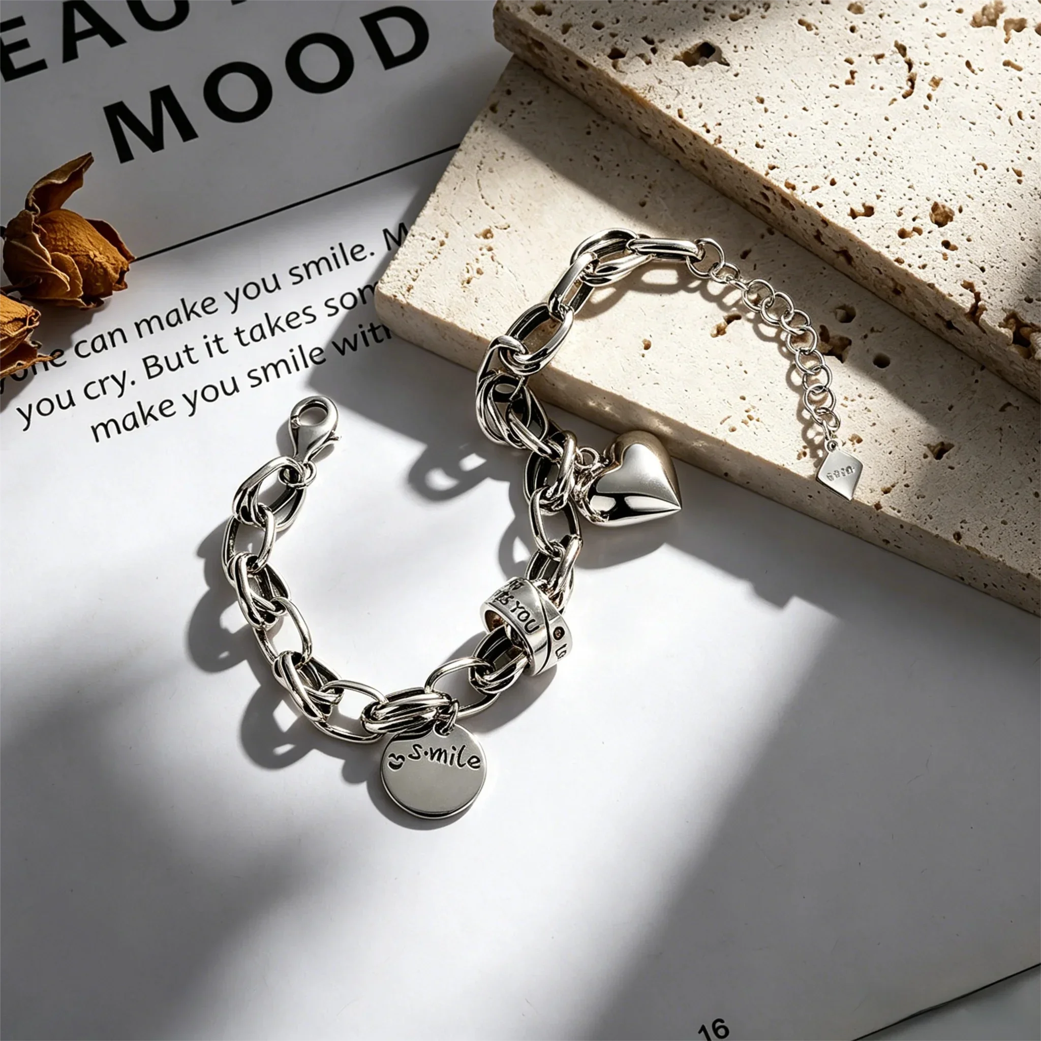 S925 Sterling Silver Retro Oxidized Chunky Chain Bracelet, Heart Smile Charm Love Bead Link Wrist Jewelry for Women