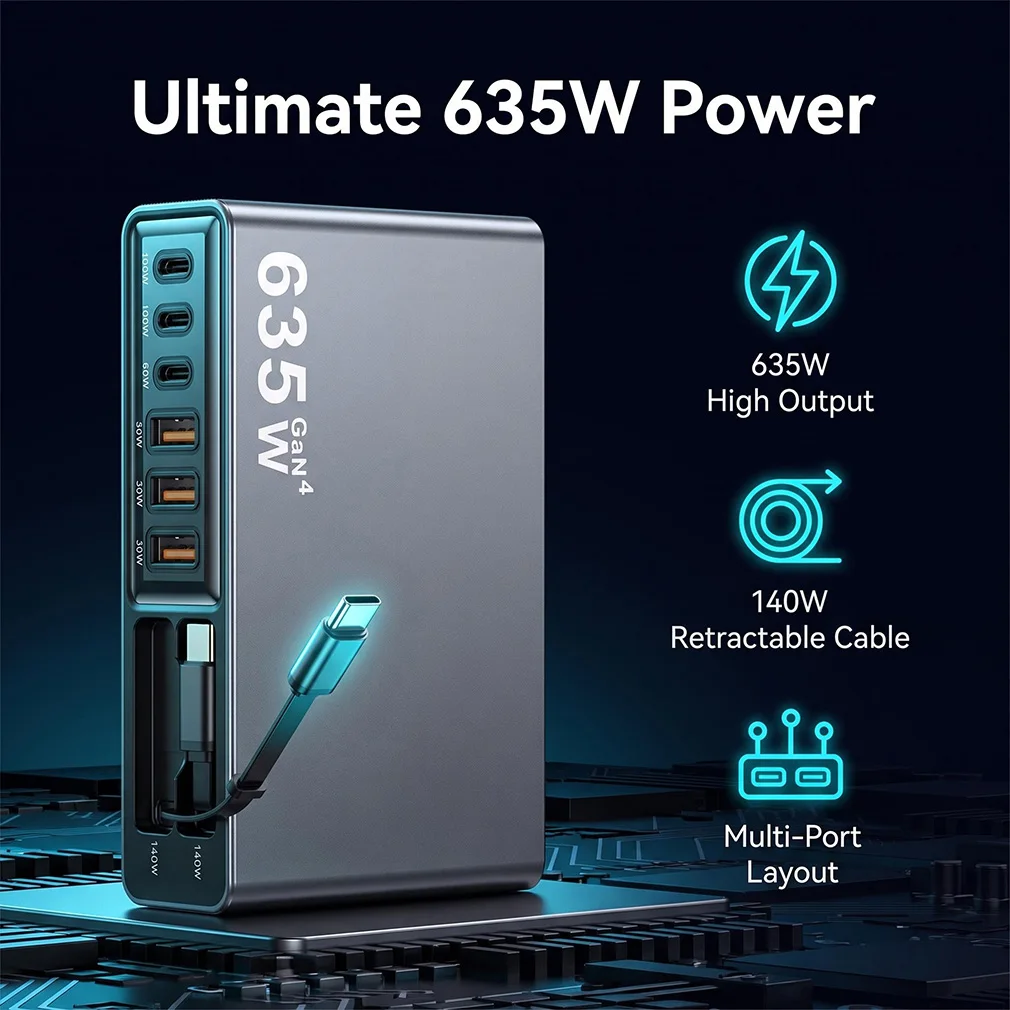 Multi-Port 635W GaN Desktop Fast Charger with 140W Retractable USB C Cable Charging Station for iPhone Samsung Tablet Wholesale