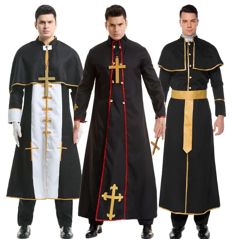 

Men's Halloween Missionary Priest Nun Cosplay Costumes Virgin Mary Priest Black Robe Stage Performance Costume