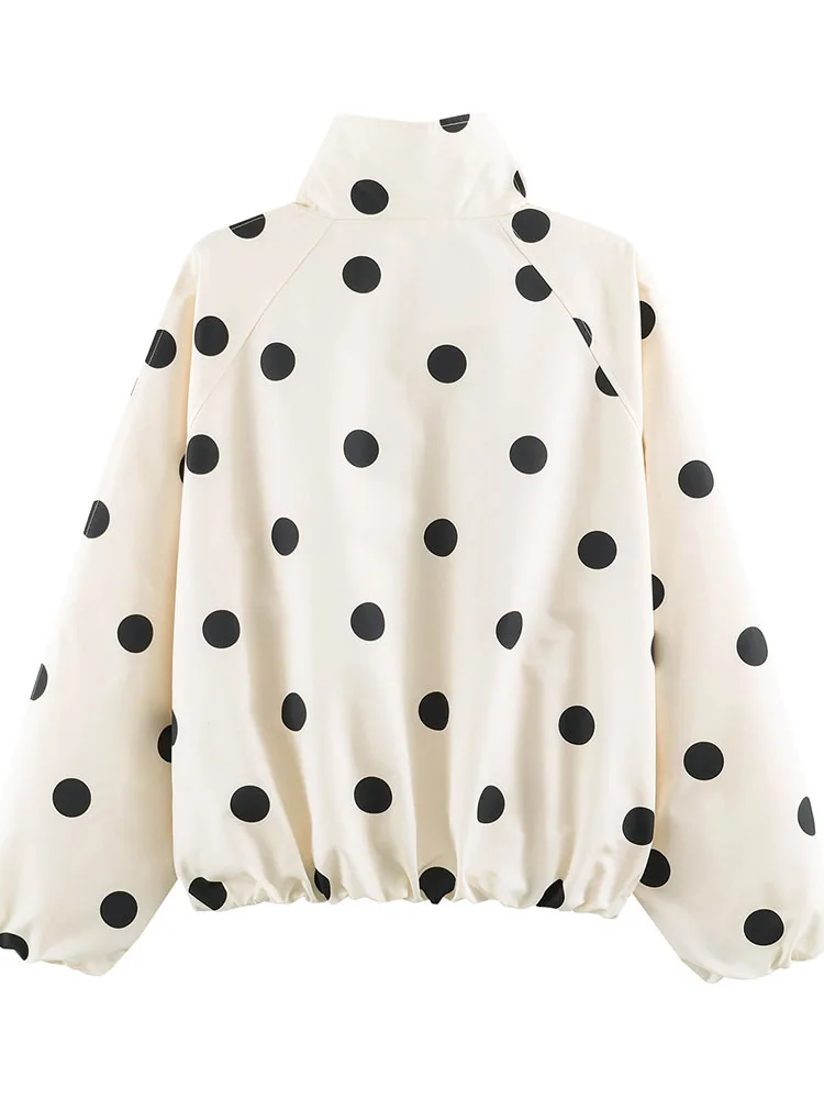 HH Women Summer Coastal Breezy Cream Polka Dot Jacket Spring High Neck Diagonal Zip Elastic Cuff Hem Loose Windproof Outerwear