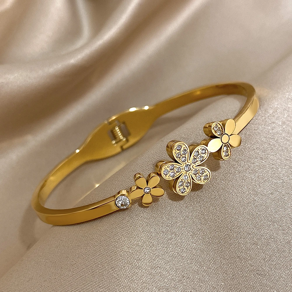 Greatera Zircon Flower Bracelet For Women Charm High Quality Bangle Thin Original Design Waterproof Men's Jewelry Party Gift