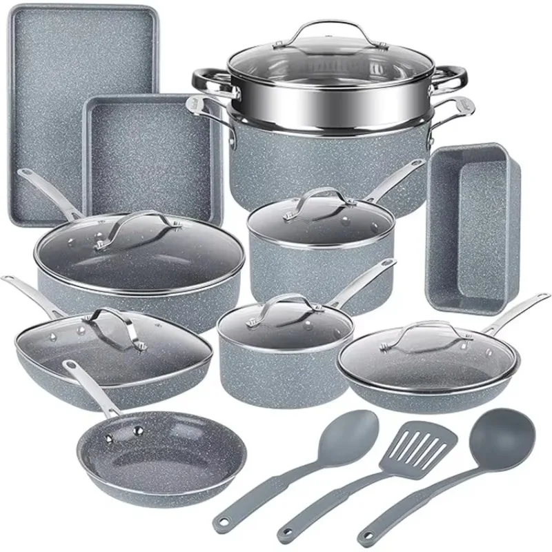 Low MOQ Gray Ceramic Kitchen Cooking Pot Cookware Set Good Sale Non Stick Stainless Steel Pots and Pans Set with Bakeware