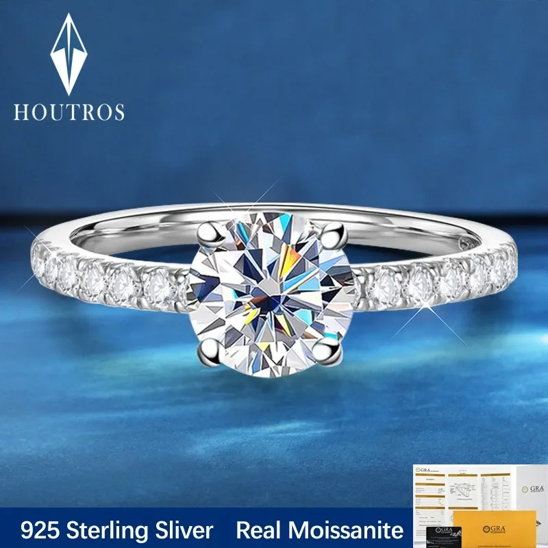 Houtros 1-5ct Colorful Moissanite Solitaire Wedding Rings for Women S925 Silver Classcial 4 Claws Engagement Ring Fine Jewelry