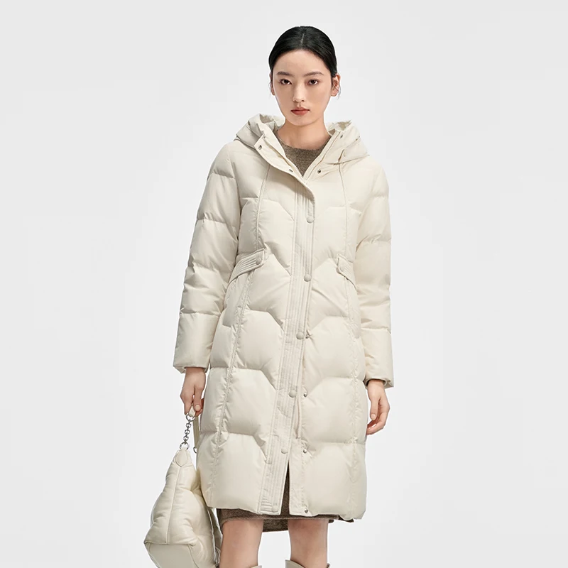 자카드 크로스 패턴의 체리콤 롱 후드 다운 재킷 양방향 지퍼 플래킷 방풍 커프스 및 사선 포켓 Y309181Y