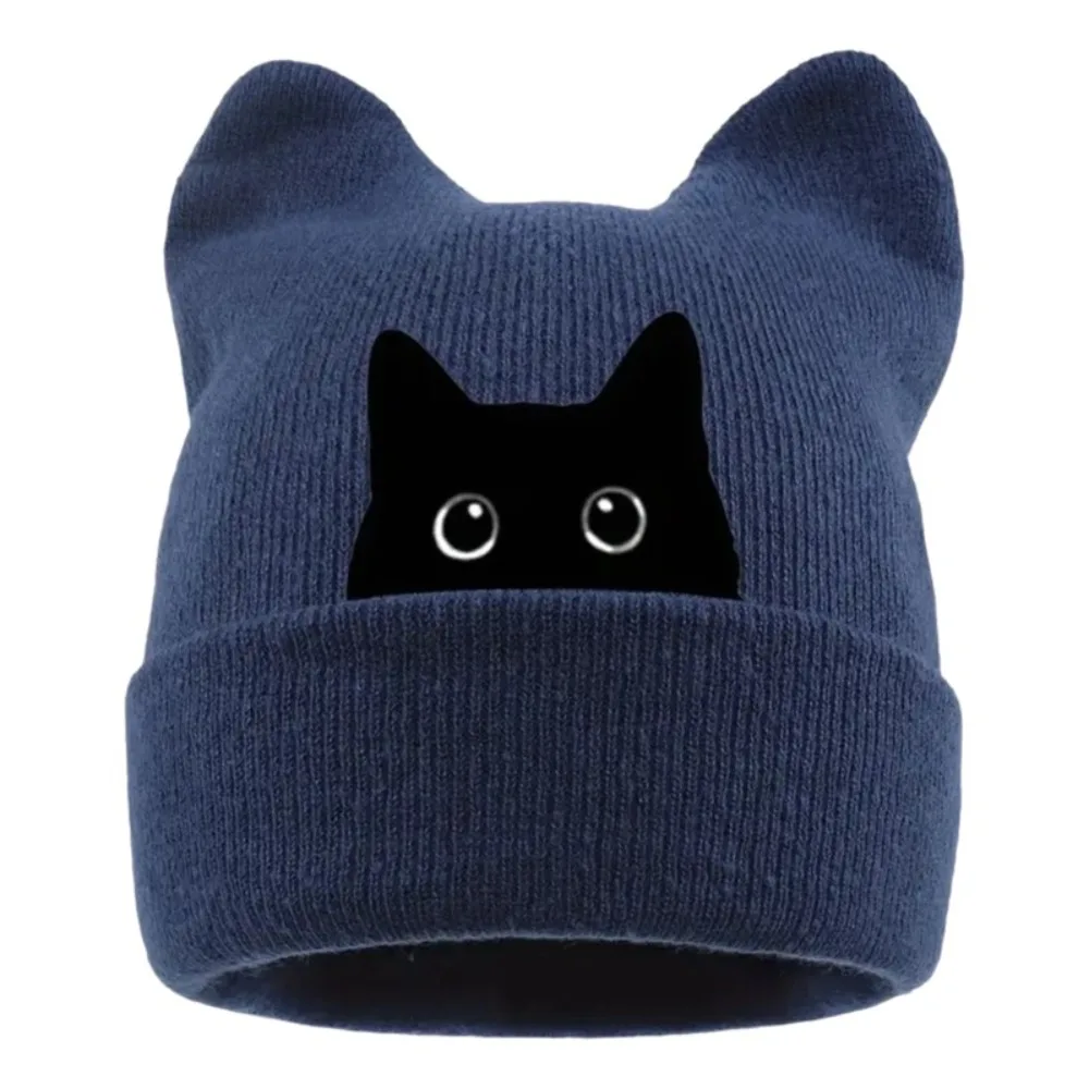 Fashion Knit Cat Ear Beanie Hat Stretchable Punk Gothic Winter Knit Hat Y2K Harajuku Pullover Hat Casual Streetwear