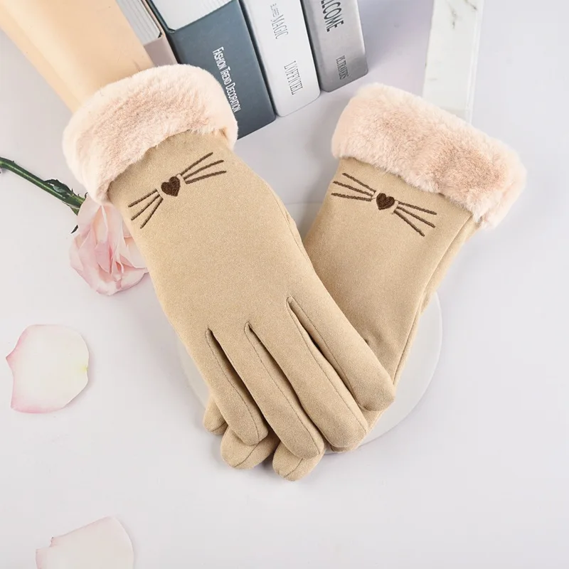 Young Students Cartoon Cute Windproof Touch Screen Gloves Women Winter Plus Velvet Full Finger Hand Warmer Glove Female  T32