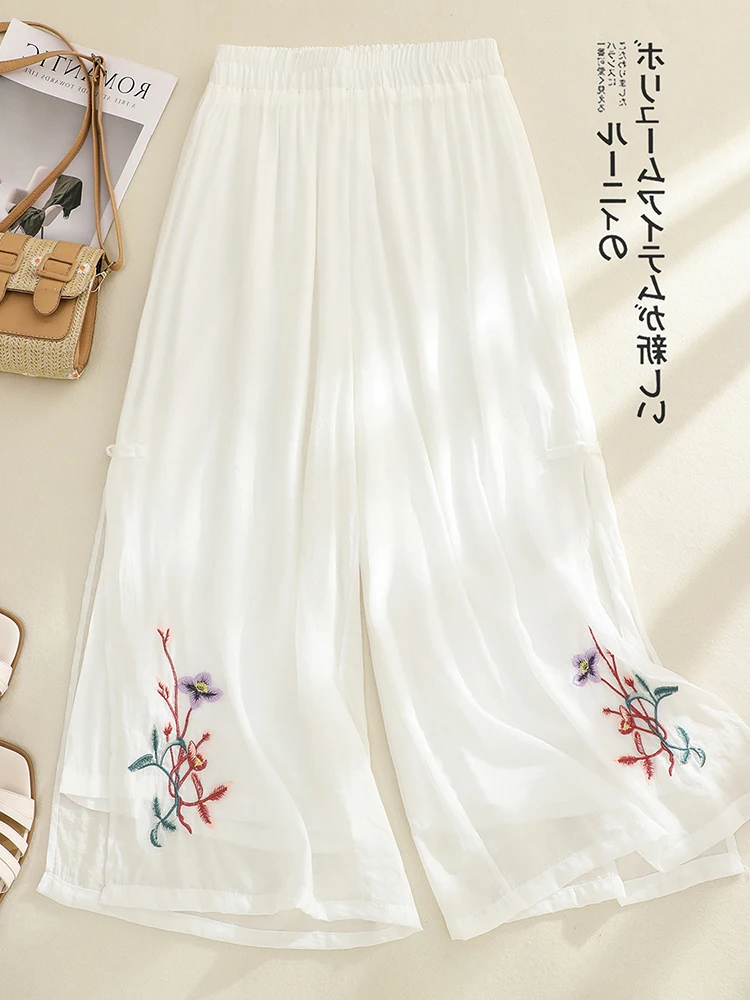 Pantaloni a gamba larga ricamati Ele Pantaloni casual a taglio dritto a vita alta per donna taglie forti Stagione estiva Fibra di poliestere