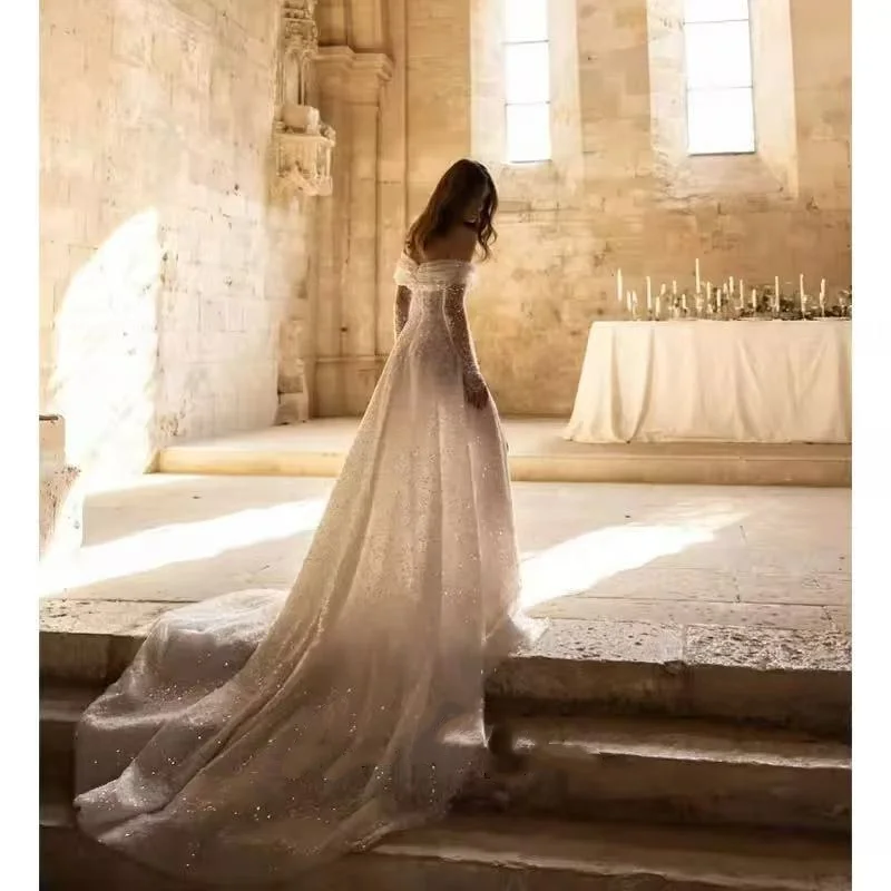 ONELIFE Abito da sposa a trapezio a maniche lunghe con spalle scoperte Abito da sposa con perline Abito da sposa principessa personalizzato Vestido de Noiva