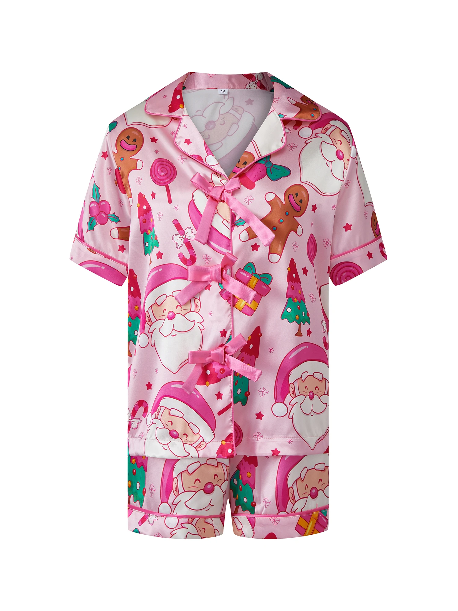 

Christmas Themed Women s Pajama Set with Festive Print Lapel V Neck Top Short Sleeves Ruffled Shorts and Soft Sleepwear