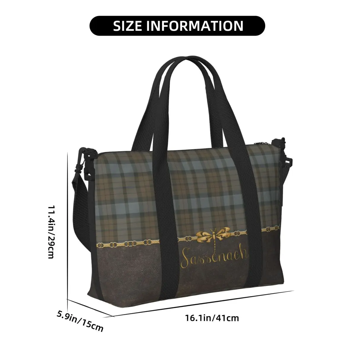 Sac fourre-tout en cuir et tartan personnalisé, motif libellule Sassenach, grande capacité, carreaux modernes, sacs de voyage à carreaux Bergame, salle de sport, plage