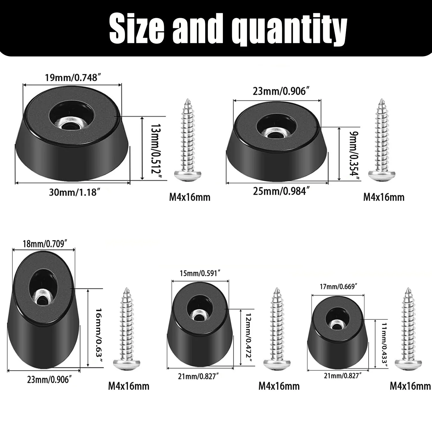 24 Pieces Multiple Sizes Non Slip Soft Rubber Foot Pads with 304 Stainless Steel Washer Screws for Furniture Shock Absorption