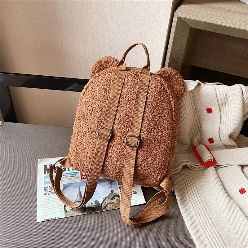 1Pcs Cute Bear Ear Fleece Small Backpack Kids Girls Casual Warm Lambswool Daypack Bag Schoolbag Rucksack for Travel Shopping