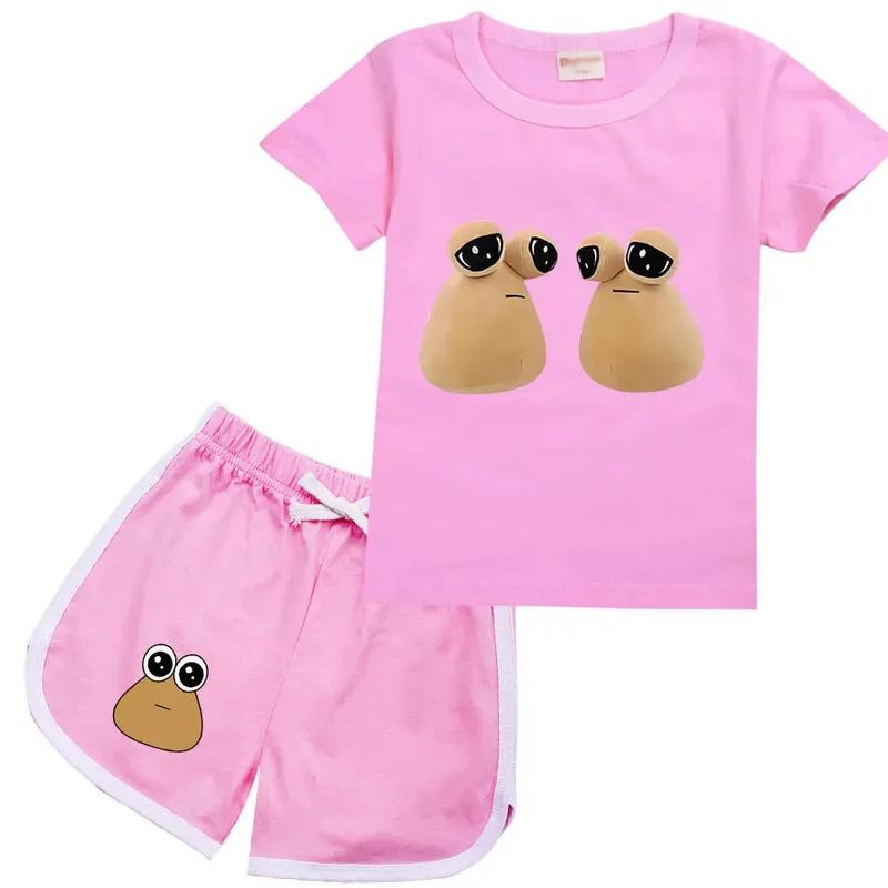 zz04zz12Pou Tee キッズ 面白いアニメ服 夏 ベビーガールズ Tシャツ パンツ セット ティーンエイジボーイ コットン ショートトップス スーツ 子供パジャマ