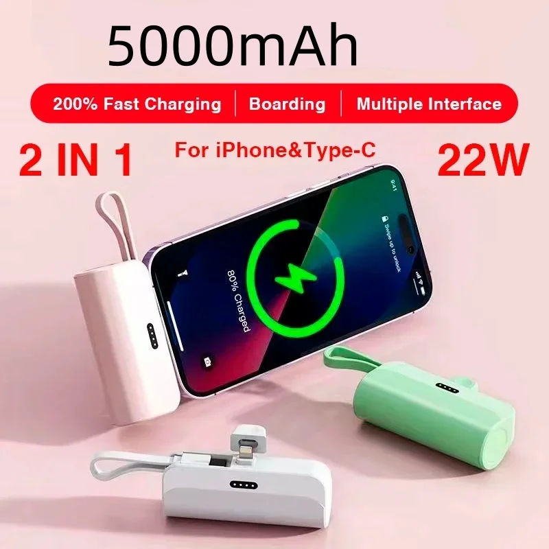 5000mAh Power Bank 2 IN 1 Fast Mobile Phone Charger External Battery Mini Power Bank Plug Play Type-C For iPhone Samsung Xiaomi