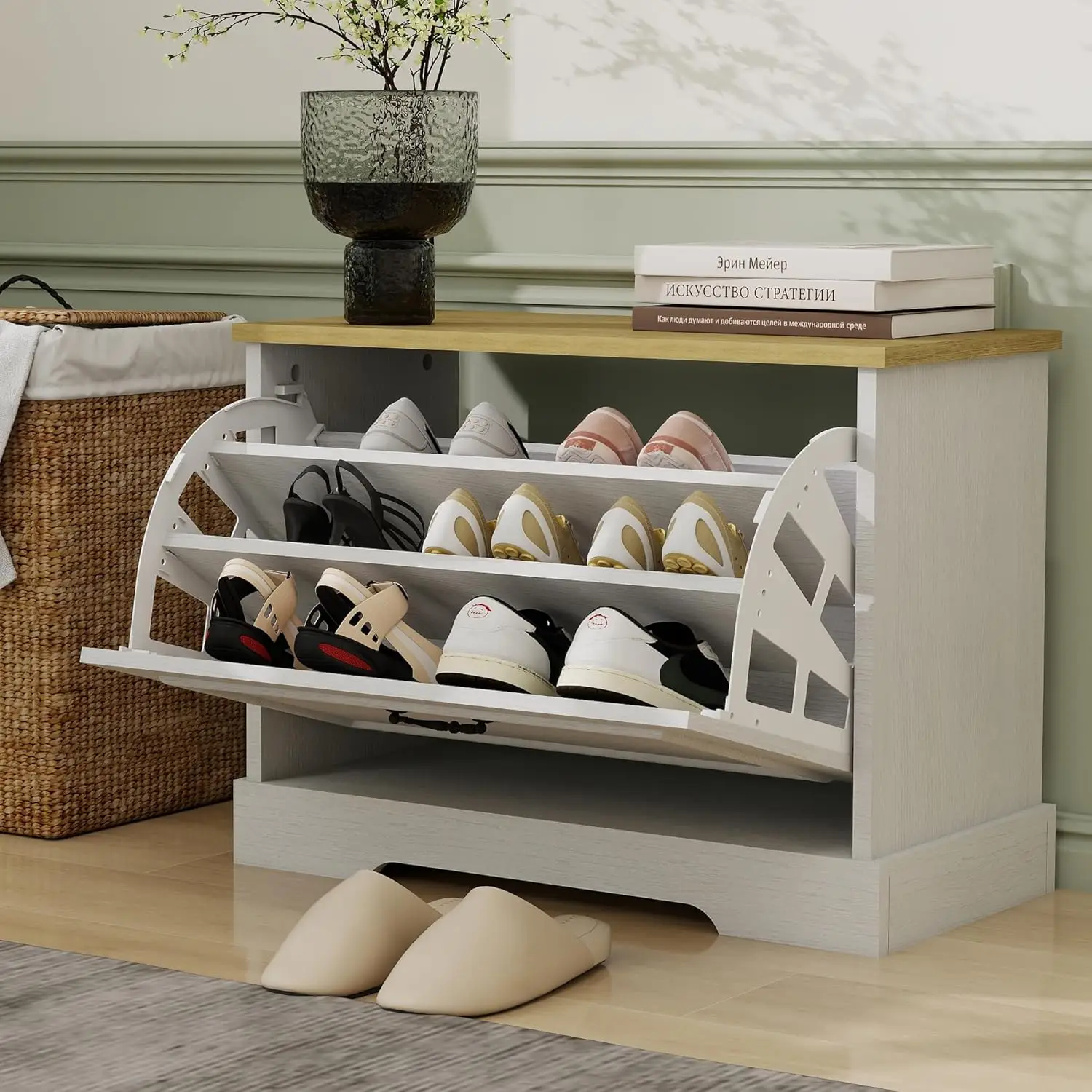 

Shoe Bench Cabinet 1 Flip Drawers With Adjustable Shelf Freestanding Space-Saving Shoe Organizer Storage Cabinet, Customized
