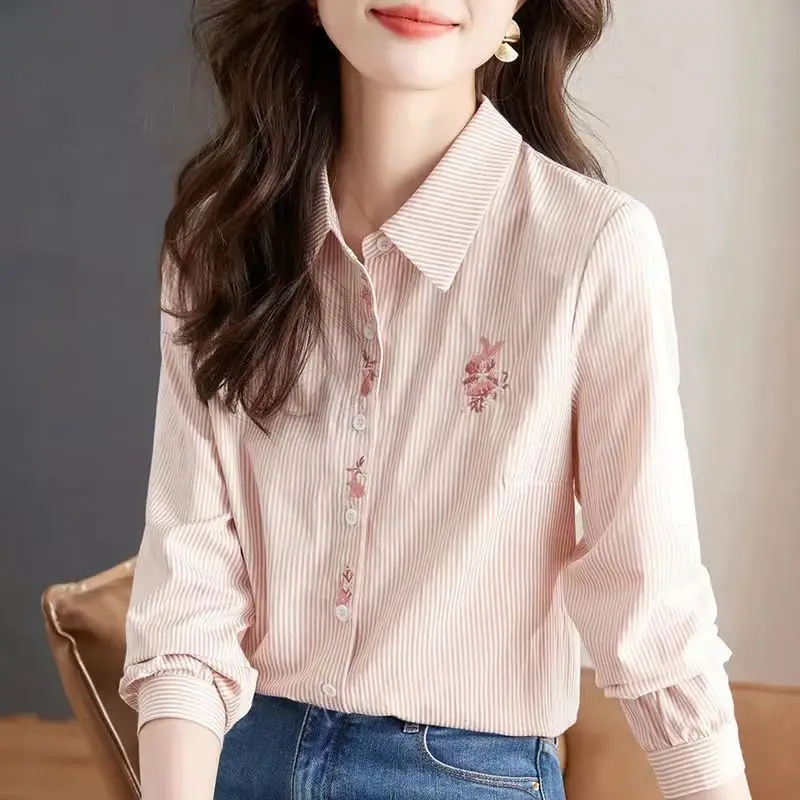 2024 New Style Lapel Long Sleeved Shirt with Striped Fashion Style Simple and Stylish Shirt Trendy and Versatile Loose Top