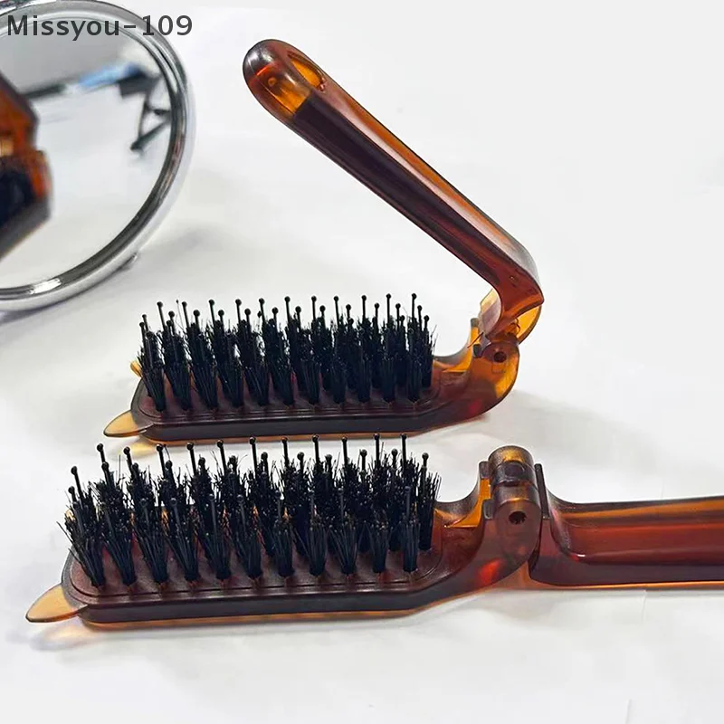 

Foldable Cat Ear Bristle Brush – Portable Travel Comb & Scalp Massage Tool For Women, Amber-Tinted, Salon Gift