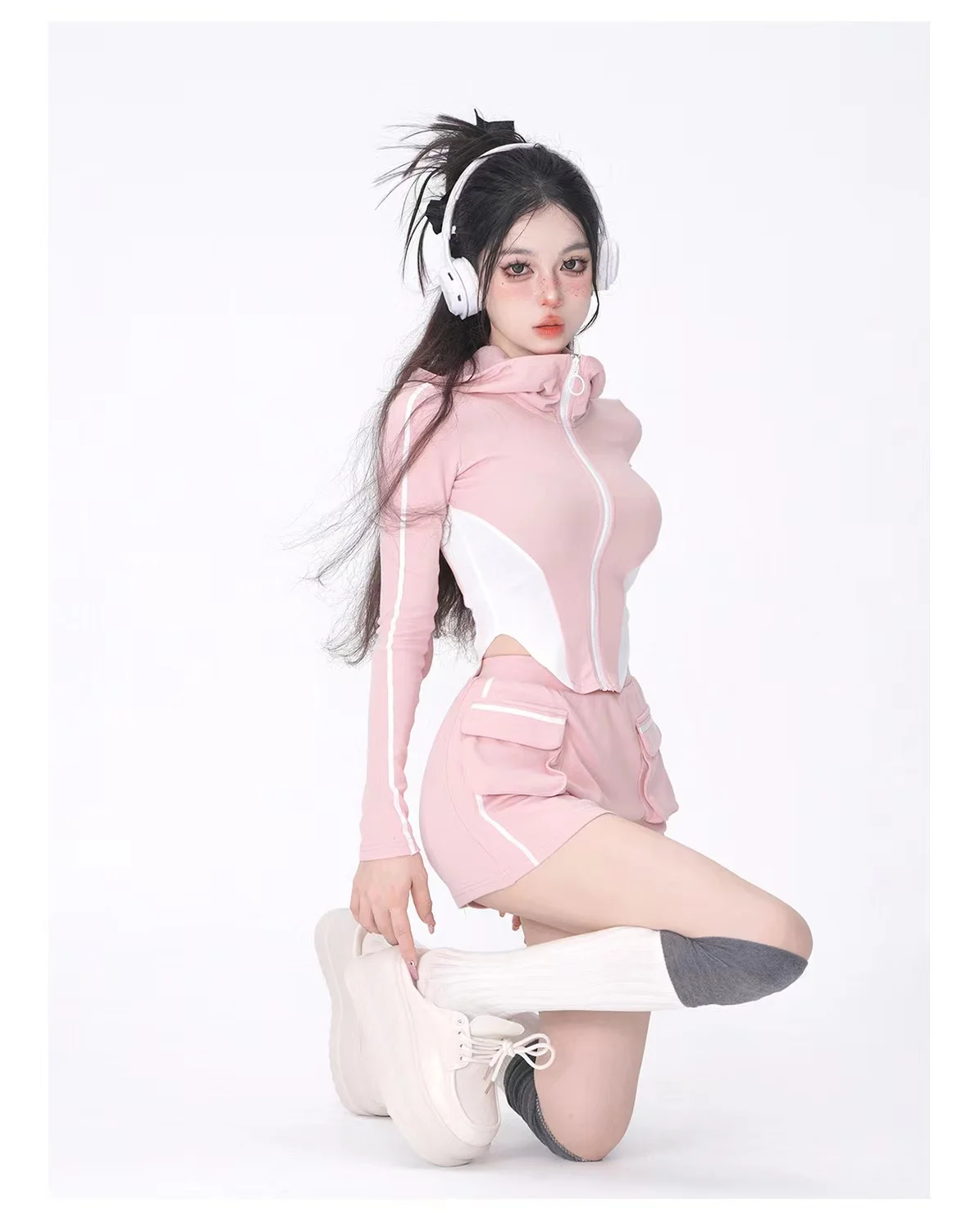 Sports Sweet Girl Pink Gray Sports Casual Suit Korean Fashion Women Autumn Winter Versatile Hooded Jacket Designed Skirts Y2k