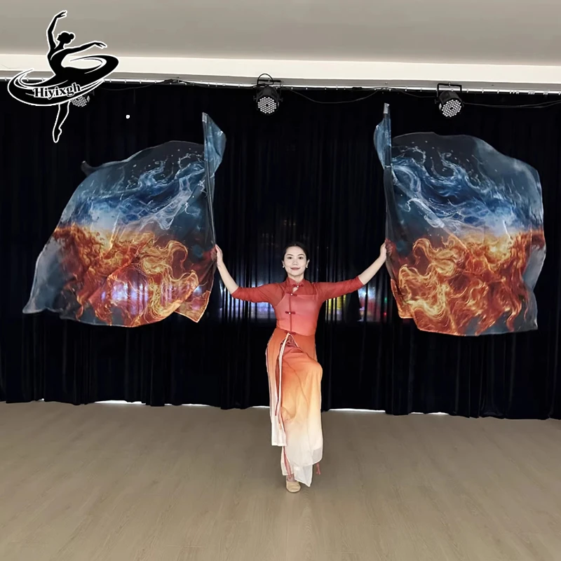 2pcs Praise Dance Worship Flags Flowing Ice Flame Flag With Scalable Rod Rectangle Chiffon Church Banners Stage Performance Prop