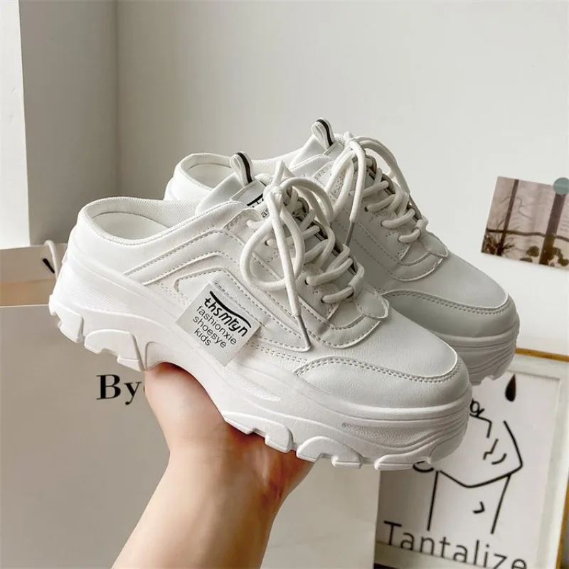 Women\'s Half Slippers PU Leather Womens Sneakers Breathable Platform Loafers Lace-up Shoes Outdoor Casual Shoes