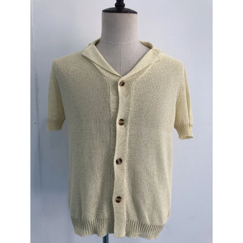 Europe America Fashion Mens Casual Short Sleeve Tops Summer Knit Cardigan Single-breasted Menswear Lapel Sweaters Men Clothing