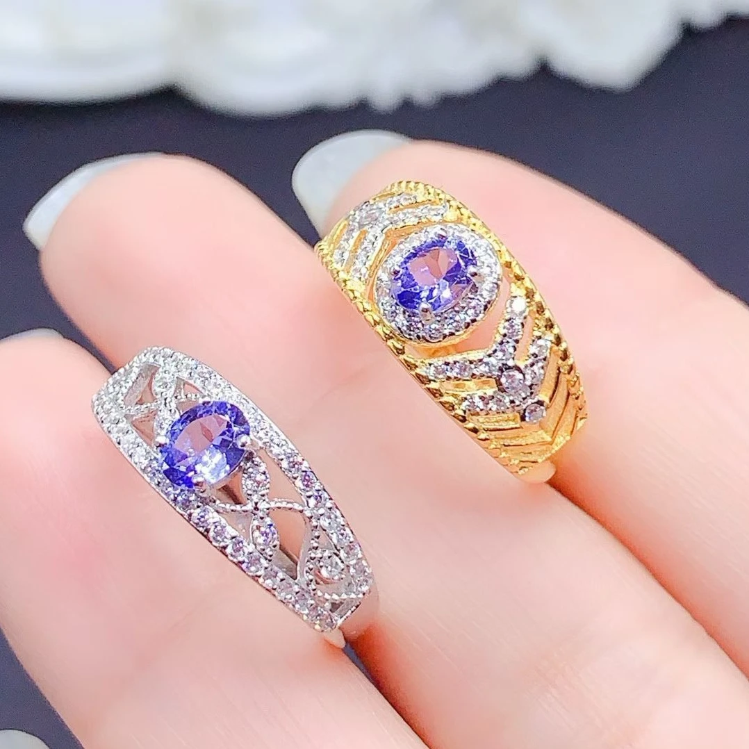 925 Sterling Silver Vintage Natural Tanzanite Ring 4x5mm Violet Blue Gemstone Filigree Eternity Band Women Fine Jewelry