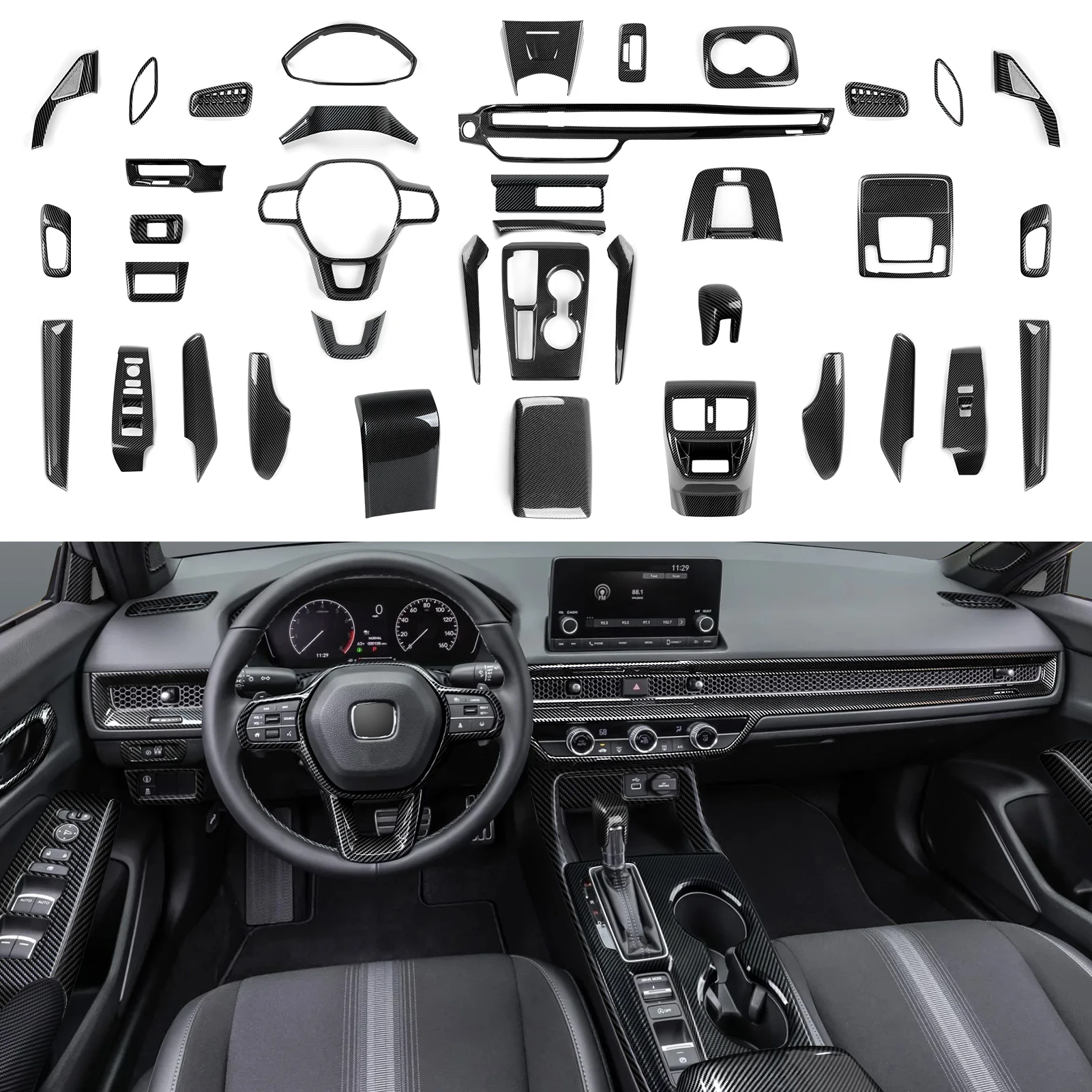 For Honda Civic 11th Gen (2022-2026) Accessories, Steering Wheel Trim, Center Console Gear Shift Panel ,Carbon Fiber ABS Sticker