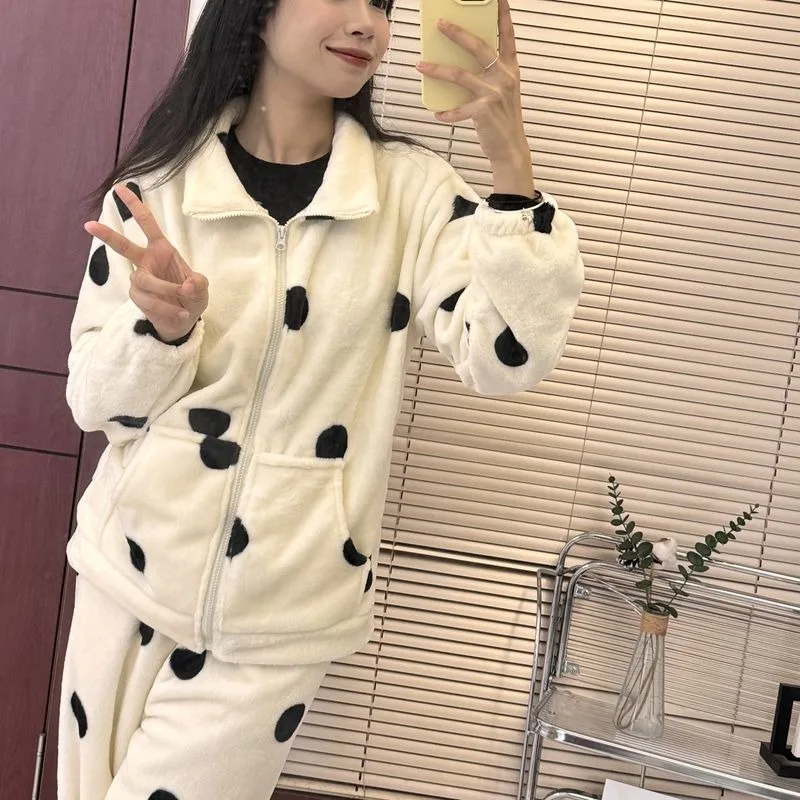 2024 New Couple Coral Plush Homewear Women Autumn Winter Sleepwear Thickened Zipper Pajamas Stand Collar Zipper Loungewear Set