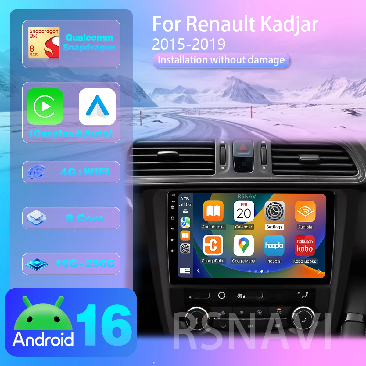 Android 16 Carplay Autoradio für Renault Kadjar 2015 2016 2017 2018 2019 Multimedia-Player Qualcomm Bildschirm Snapdragon