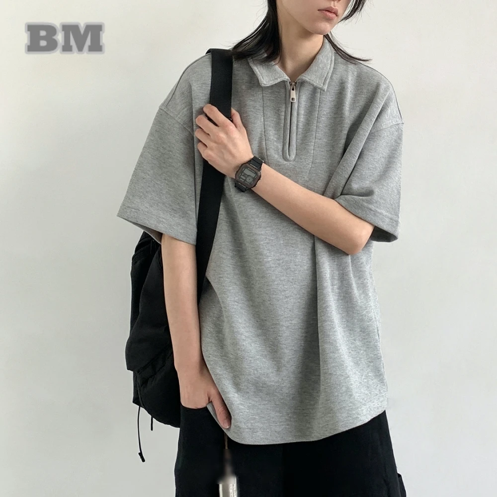 Vintage Polo Shirt Men Women Summer Solid Color Half Zip Collar Harajuku Tee Unisex Casual Trendy Pullover Top Short Sleeve Y2K