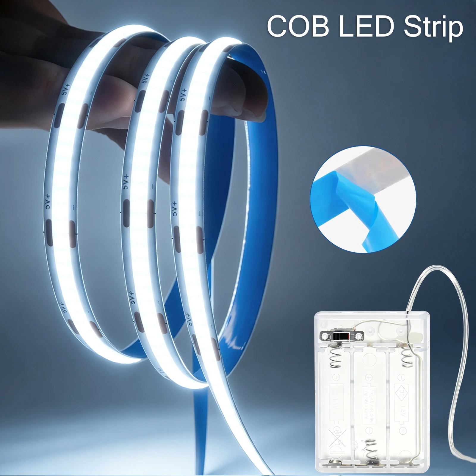 3AA Battery Box COB LED Strip Light 5V 0.5m-1m Flexible Diode Tape 320LEDs/m 8mm PCB Width LED Ribbon for Bedroom Kitchen Decor