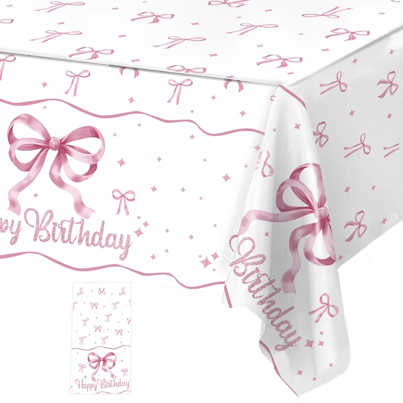 White Pink Bow Table Cloth Coquette Birthday Decor For Women For Girls Bridal Baby Shower Birthday Party Stylish Party Supplies
