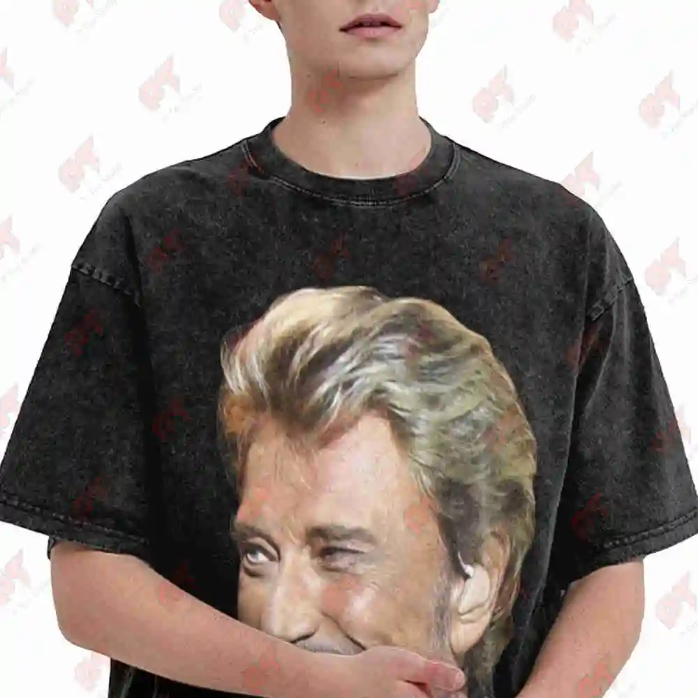 Johnny Hallyday European Fashion Music Vintage Washed Tee Pure Cotton T-Shirt