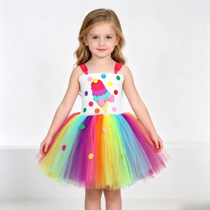 Kids Colorful Candy Ice Cream Tutu Skirt Soft Breathable Mesh Layered Dress Sweet Princess Style Carnival Festive Party Clothing