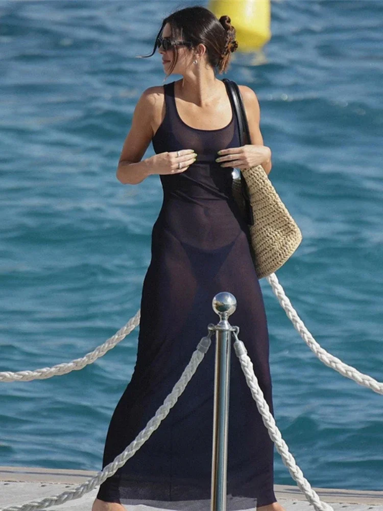 Robe longue transparente en maille pour femmes, Cover-up De plage, débardeur, vêtements d'été, Slim, une pièce