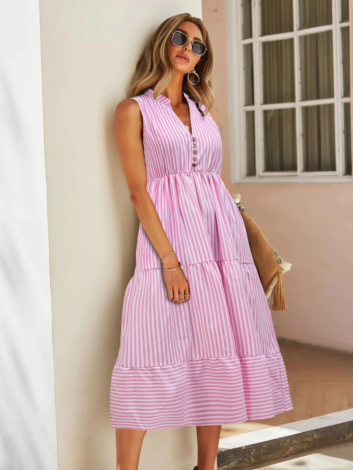 Vintage Boho Summer Midi Dress Women Sleeveless Casual Holiday Striped Shirt Dress Women Sundress Outfits Female Robe Vestidos