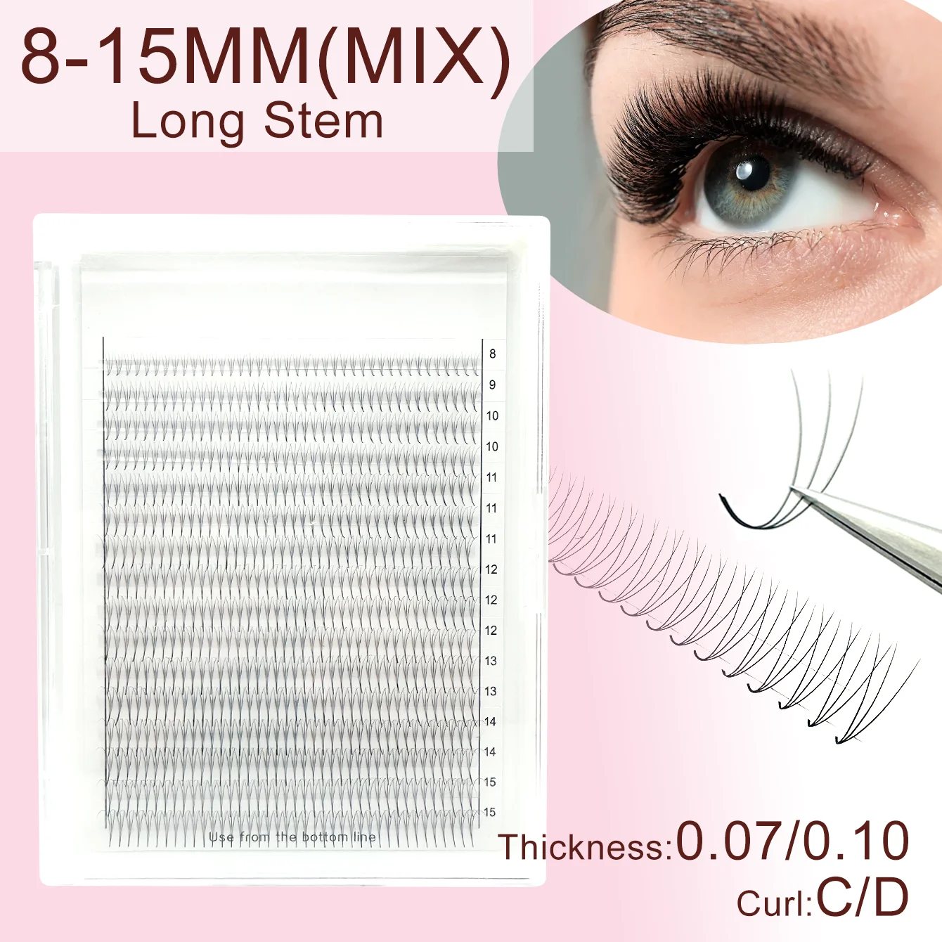 Premade Volume Lash Fans, XXLTray, 3D4D5D6D7D, Long Stem, 8-15mm Mixed, Ultra Dark Black Eyelash Extension, 0.07/ 0.10mm, C Curl