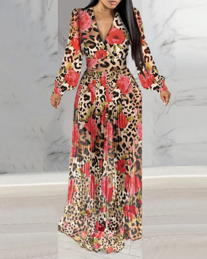 Leopard Floral Print Lantern Sleeve Sheer V-Neck Pleated Maxi Dress Elegant Evening Dress New Fashion 2025 Sexy Elegant Clothing