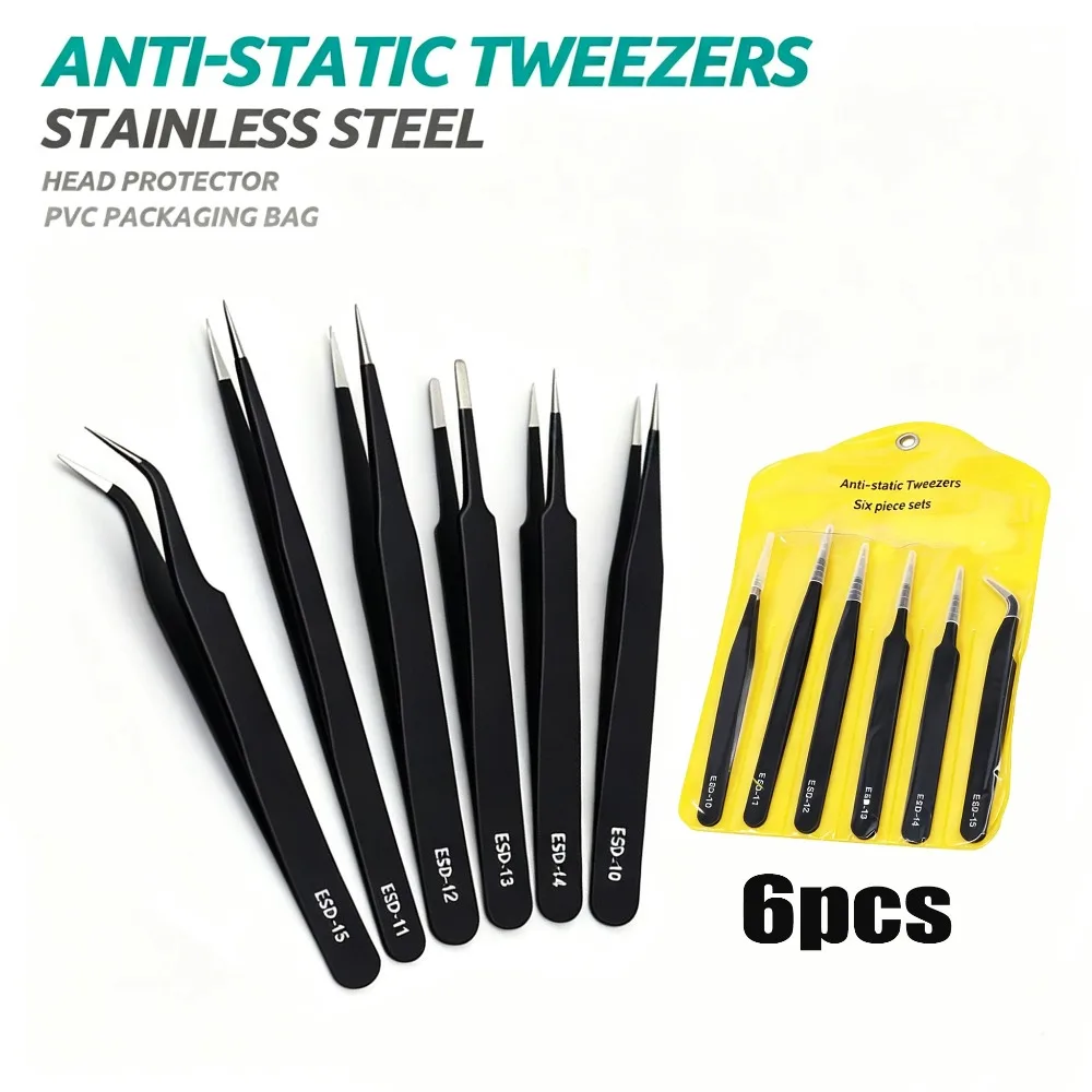 6pcs Anti-Static Stainless Steel Tweezers Precision Maintenance Industrial Repair Curved Working Model Making Hand Tools