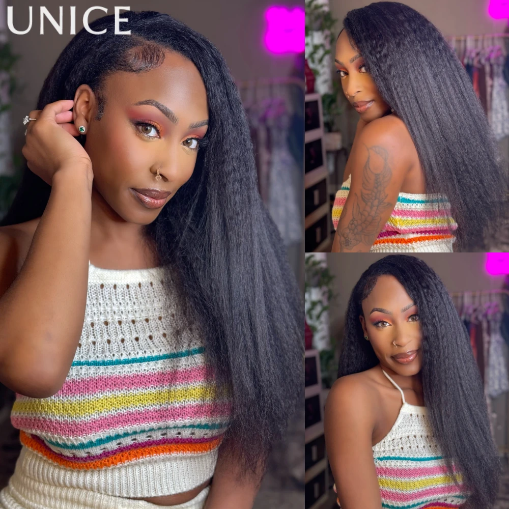 Unice cabelo kinky reta v parte peruca mistura sem costura cabelo humano clip-in peruca com cordão 150% densidade